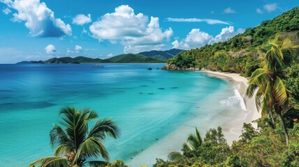 Fototapeta premium A palm-fringed coastline with turquoise waters and white sandy beaches stretching as far as the eye can see, offering a tranquil escape from the hustle and bustle.