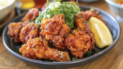 A plate of crispy and flavorful karaage, Japanese-style fried chicken marinated in soy sauce, ginger, and garlic, served with a squeeze of lemon.