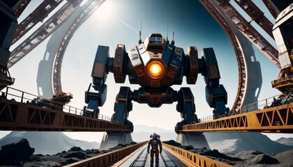 An astronaut stands poised on a vast bridge, confronting a colossal, orange-glowing robot amidst a stark, futuristic landscape.. AI Generation
