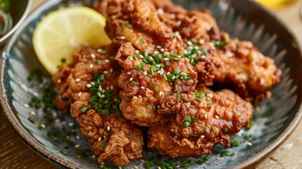 A plate of crispy and flavorful karaage, Japanese-style fried chicken marinated in soy sauce, ginger, and garlic, served with a squeeze of lemon.