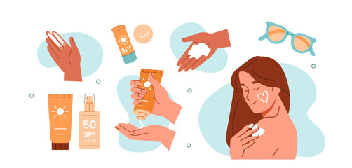 Woman applying SPF sunscreen and use sunglasses to protect her skin, lips and eyes from sunburn. UV protection by sun overexposure concept. Vector illustration.