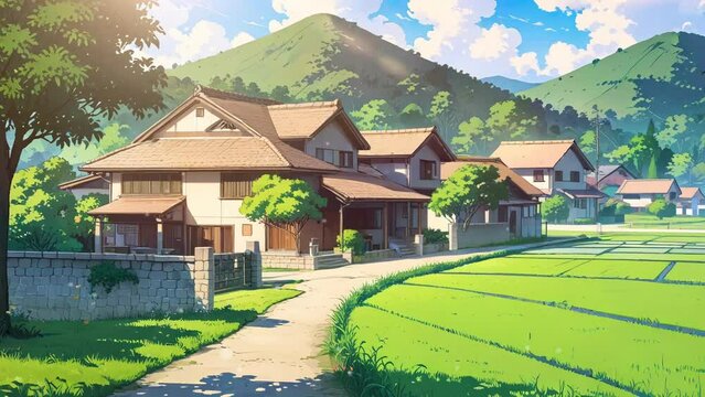 Quaint cottage nestled amidst the serene beauty of an Asian mountain countryside, with a well-kept lawn and garden, in a 4k looping video.