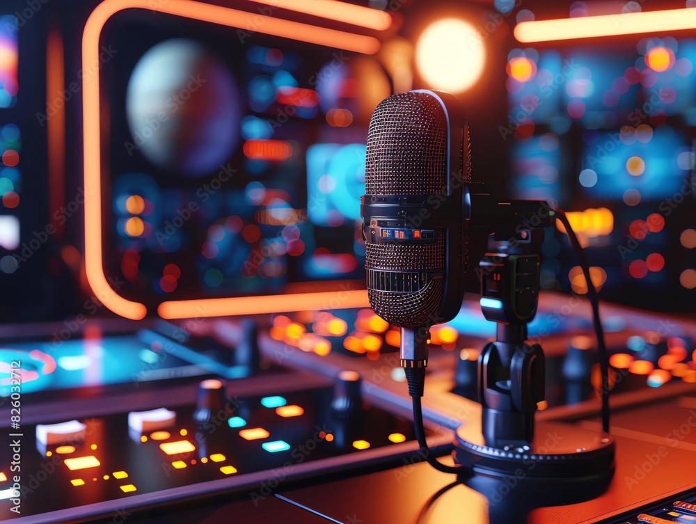 Wall mural microphone set on a space station with stars, planets, and futuristic controls in the background
