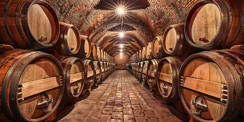 Aged oak barrels in vintage wine cellar produce fortified drysweet Marsala