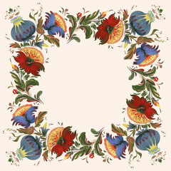 Fototapeta premium Hand drawn Floral pattern in the folk painting style for shawl, carpet, bandana, tile with red and blue flowers, leaves, branches on a beige background
