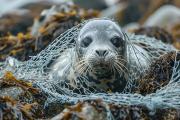 A seal trapped in a fishing net. It is a reminder of the dangers of pollution and the importance of protecting our oceans.