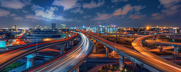 Cityscape at night with illuminated highways