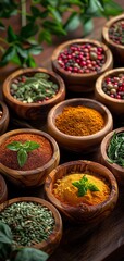 Fototapeta premium Wooden bowls filled with assorted colorful spices on a rustic table, with green herbs in the background, enhancing the natural and fresh look.