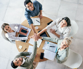 Office, support and hands of business people by above for motivation, community and trust for...