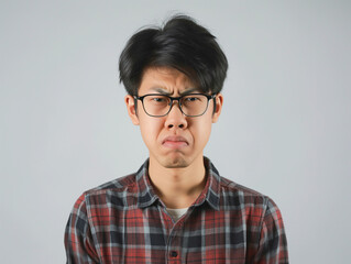 Young Man in Plaid Shirt and Glasses Displaying Displeased Facial Expression Against Gray Background