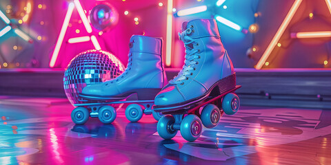 80's pop art roller skates with disco balls create a retro disco vibe. Retro wave concept
