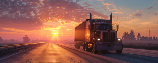 Sunrise highway journey with semi truck