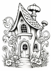 a black and white drawing of a small house with a chimney