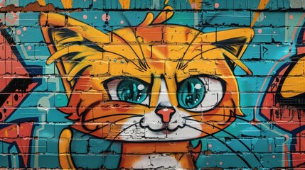 Colorful Pop Art Comic Street Graffiti: Creative Poster Featuring a Playful Cat on a Brick Wall
