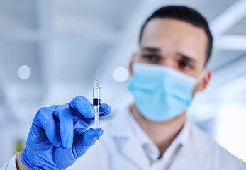 Scientist, syringe and hand with dose in lab for medical health or research vaccine in career....