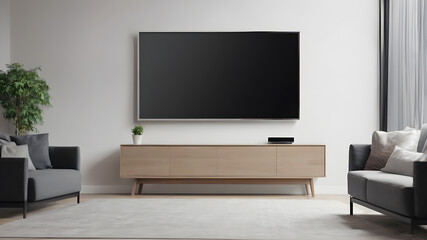 Blank modern flat screen TV hanging on wall in living room, Generative AI