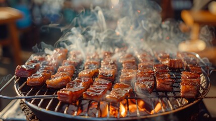 A sizzling hot barbecue grill loaded with juicy pork belly slices, smoke rising and flames licking the meat, igniting the senses.