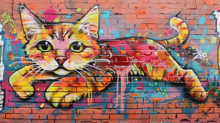 Colorful Pop Art Comic Street Graffiti: Creative Poster Featuring a Playful Cat on a Brick Wall
