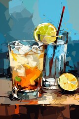 A painting of two drinks with ice and lemon on a table
