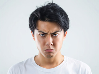 Young Man in White Shirt with Intense Angry Expression on Light Gray Background
