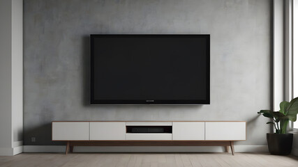 Fototapeta premium Blank modern flat screen TV hanging on wall in living room, Generative AI