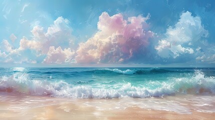Impressionist beach scene with vivid hues, flowing brushstrokes, and abstract patterns, calming...