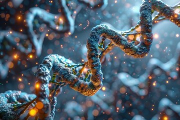 Fototapeta premium Illuminated genetic strands in cosmic orange, a visual exploration of DNA under a celestial microscope