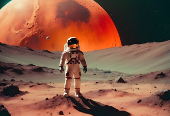 A middle aged astronaut standing in the moon, redscale style