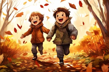 Two children running happily hand in hand in a forest