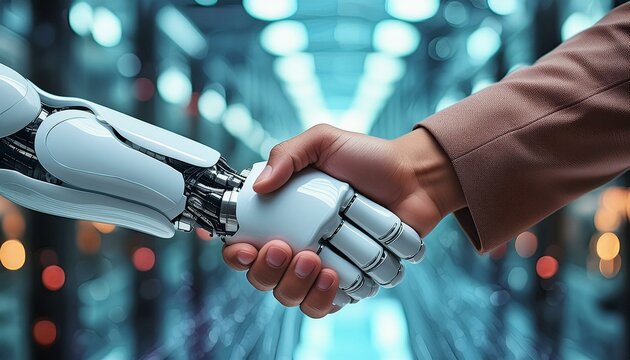 Main humaine serrant la main d'un robot, sur fond technologique