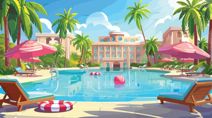 Luxury resort hotel and swimming pool. Vector cartoon