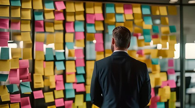 A businessman in contemplation stands before a wall adorned with colorful sticky notes, symbolizing the process of strategic planning and idea generation.