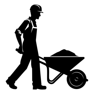 recommend clip art: Silhouette of a construction worker pushing a wheelbarrow. Vector illustration