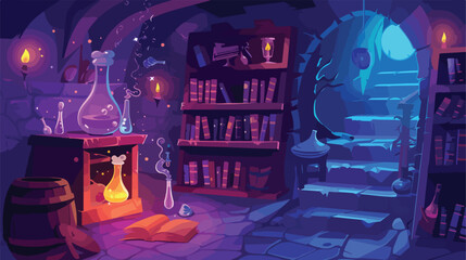 Magic wizard lab cartoon background. Medieval witch