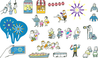 Fototapeta premium 花火大会や縁日を楽しむ人々と交通手段、催し物など イラスト素材のセット 