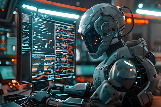A robot engaged in data analysis on a computer screen in a high-tech office environment, emphasizing the role of advanced robotics in enhancing workplace productivity.