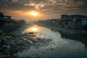 Fototapeta premium The Last Light on a Polluted Urban Waterfront