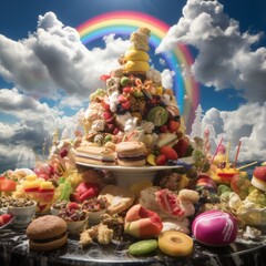 A pyramid of fruits and vegetables on a table with a rainbow in the background