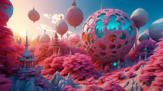 A beautiful landscape with pink trees, blue water, and a large pink and blue structure in the center. AI.