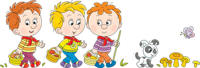 Funny little boys mushroomers and a merry pup walking with baskets and gathering mushrooms in a forest on a summer vacation, vector cartoon illustration on a white background
