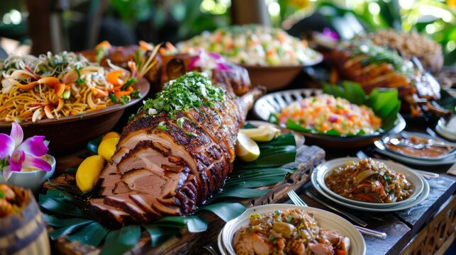 A traditional Hawaiian luau feast, with tables laden with kalua pig, poi, lomi lomi salmon, and other delicious island dishes.
