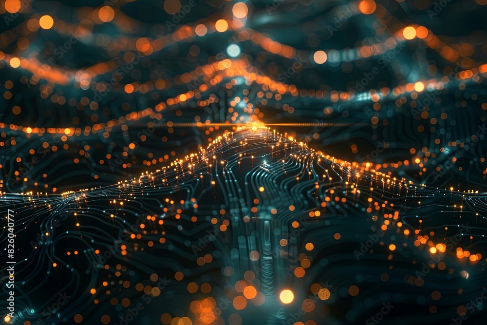 Poster A computer generated wave of vibrant lights moving in a pattern, resembling a glowing neural network representing AI intelligence