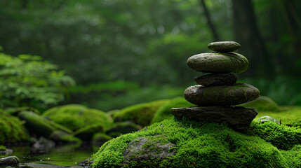 there is a pile of rocks sitting on top of a moss covered rock