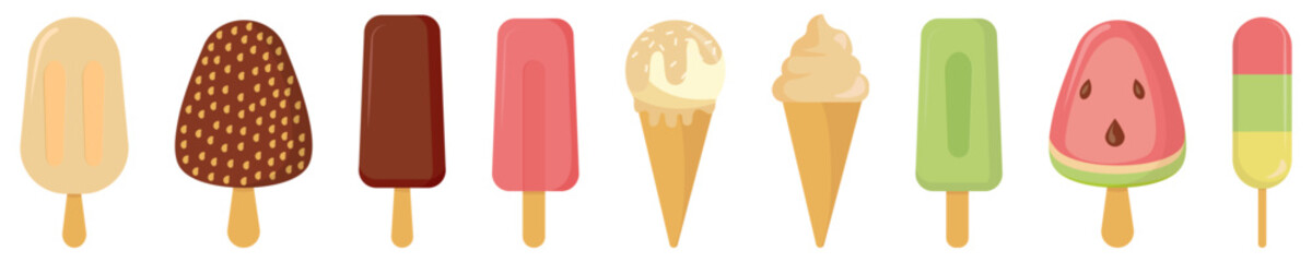Ice cream flat design illustration set.Ice cream icon collection. Vector