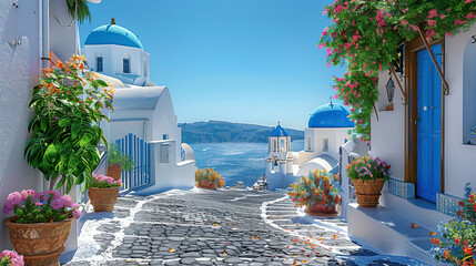 The Greek island of Santorini is picturesque, with its iconic white buildings and blue domes overlooking the sea. The cobbled streets are lined with traditional floral courtyards