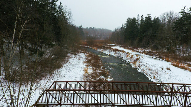 Aerial view at the Spencer Creek in the January cold, located in Crooks Hollow in Hamilton, Ontario.