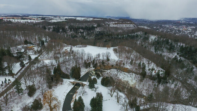 Aerial view at the Spencer Creek in the January cold, located in Crooks Hollow in Hamilton, Ontario.