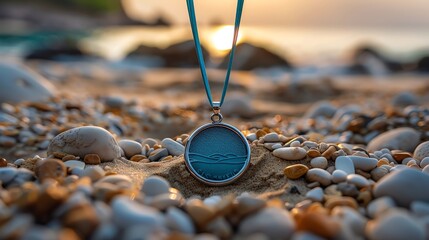 Blue ocean wave pendant necklace on beach sand at sunset.