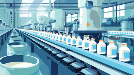 Milk production line. Dairy product factory. Cartoon