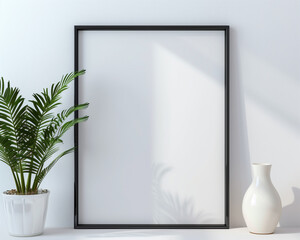 a close up of a picture frame on a shelf next to a plant